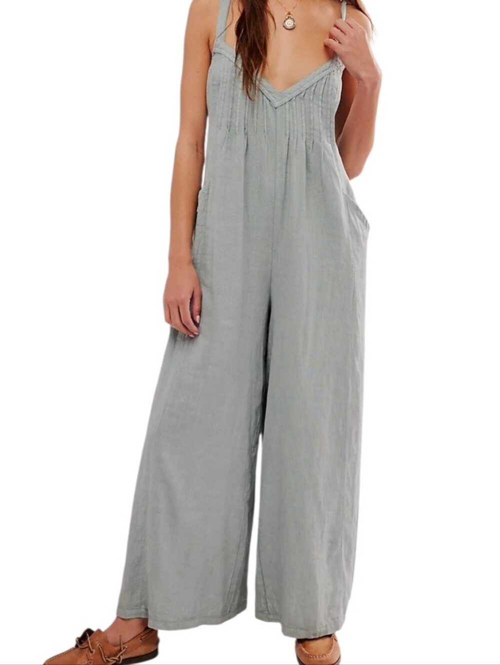 Free People Drifting Dreams One Piece Jumper Linen Blend Sea Mist Blue NWT Small